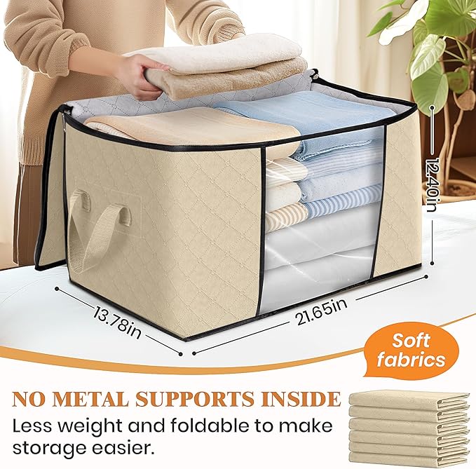 4 Pack Storage Bags for Clothes Blanket Storage Bins with Lids | Foldable Closet Organizers with Zippers,Window and Handles,Fabric Storage Bins for Sweater,Comforter,Bedding,Dorm essentials