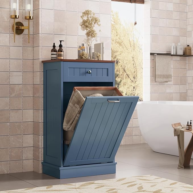 KIGOTY Tilt Out Trash Can Cabinet, Laundry Hamper Cabinet, Haze Blue