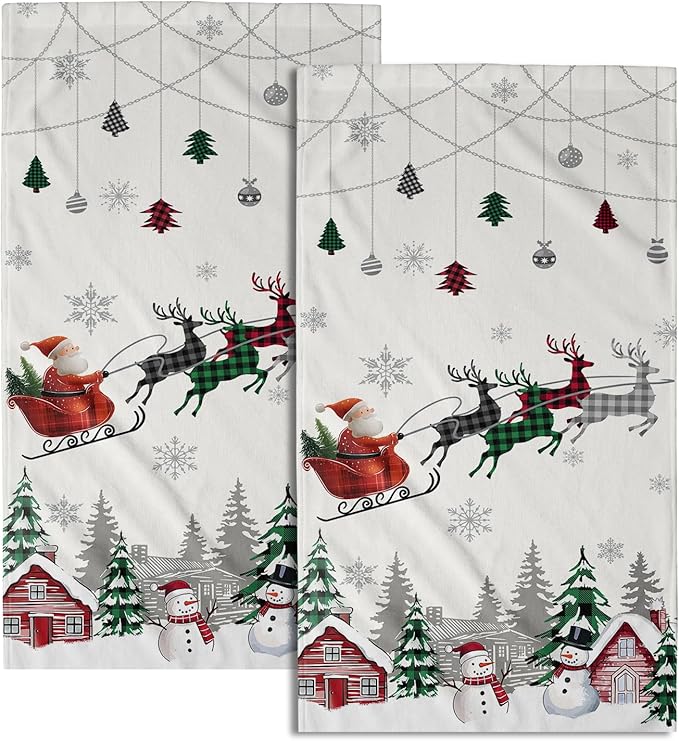 Giwawa Santa Claus Hand Towel Set of 2 Xmas Tree Balls Reindeer Sleigh Buffalo Plaids Towels Winter Snowman Snowflakes Soft Microfiber Dish Wash Cloth for Bathroom Guest Holiday Gym Decor