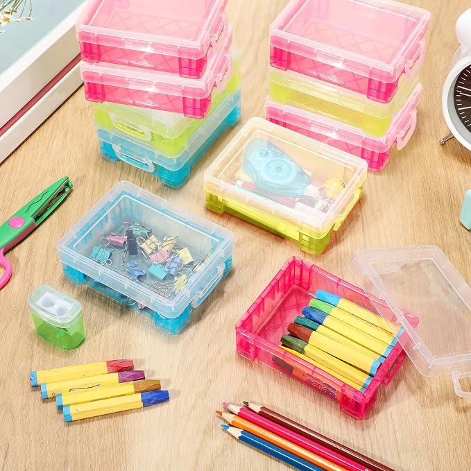 Suzile 50 Pcs Plastic Crayon Box with Lid 4.8 x 3.4 x 1.6, Red, Green, Blue | Small Crayon Storage Containers Bulk, for Office School Classroom, Art Crafts Pen Pencil Organizers, Back to School Supplies