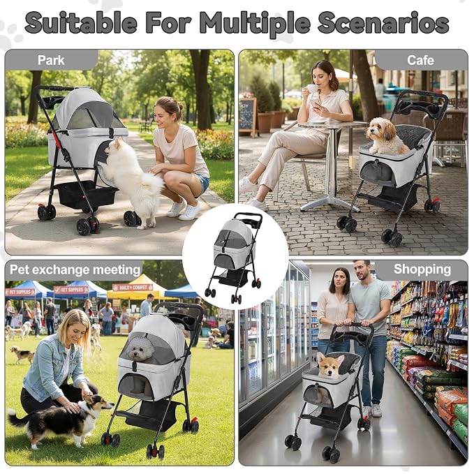 4 Wheel Foldable Pet Stroller – Removable Carrier for Dog Cat, Breathable Mesh Canopy, Storage & Cup Holder, Lightweight Pet Cart Holds 17.6 lbs for Walks Travel Light Grey