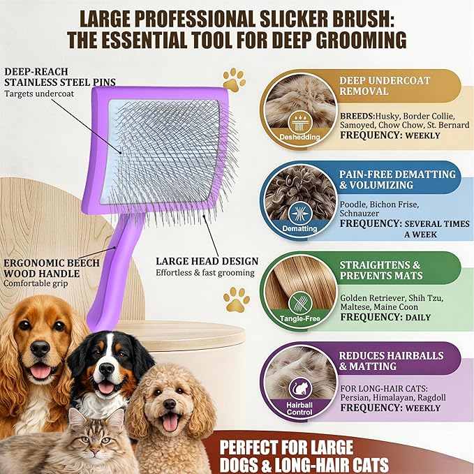 Slicker Brush for Dogs, Large Long Pin Dog Grooming Brush for Doodles Goldendoodles Poodles Labradoodle Bernedoodles, 3 Pcs Wooden Handle for Mats Tangles - Purple