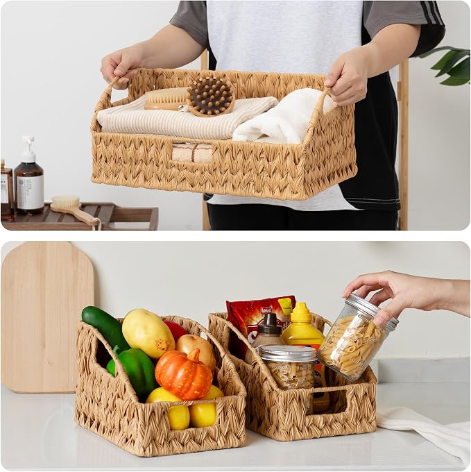 GRANNY SAYS Wicker Baskets for Organizing, Waterproof Basket for Storage | Wicker Storage Baskets for Pantry, Open Front Basket for Shelves, Kitchen Storage Baskets, Decorative Basket for Home Decor