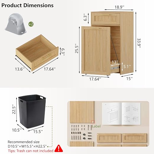 Single 13 Gallon Pull Out Trash Can Cabinet with Drawer, Garbage Cabinet | Pet Proof Hidden Trash Storage, Fluted Farmhouse Design, Space-Saving Kitchen Organizer, Dining Room Storage,Natural Oak