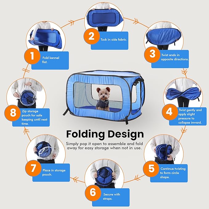 Portable Collapsible Pop Up Kennel, 24"L x 16.6"W x 16"H, Blue | Collapsible indoor/outdoor travel cat and dog crate with mesh screen windows pops up and folds flat for easy storage