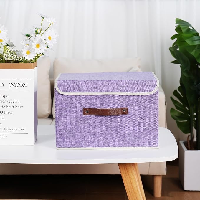 ANMINY Fabric Storage Box Bins with Lids, Purple, 15"x10"x10" | Keepsake Memory Storage, Cotton Linen, PP Board Reinforced, Washable, PU Handles, Foldable & Stackable, Decorative, Large