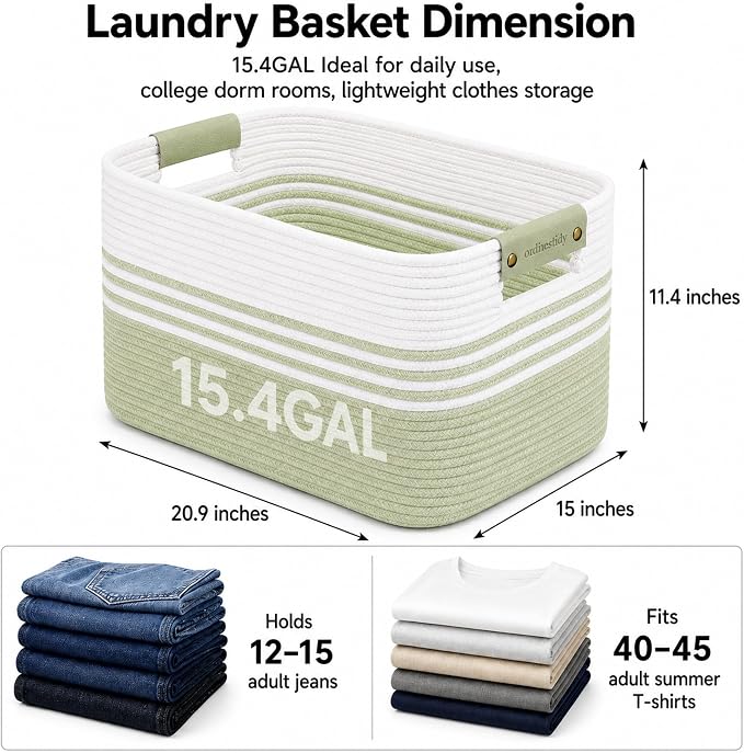 15.4GAL Woven Laundry Basket for Kids, Cute Boho Square storage basket for Living Room Decor, Baby Girls Boys Toys Stuffed Animal Decorative Short Hamper for Dirty Clothes, Bath Towel White Green