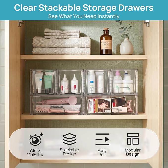 Vtopmart Clear Stackable Storage Drawers, 6 Pack Large Organizer Set | Wide and Medium Pull-Out PET Drawers with Stackable Design for Larger Storage Needs, Kitchen Cabinets, Closets and Pantry