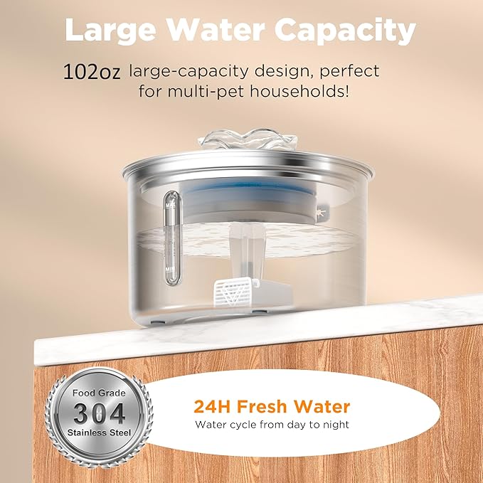 Cat Water Fountain Stainless Steel, 102oz/3L Automatic Pet Water Fountain with 6 Replacement Filters & 6 Pre-Filter Sponges for Cats, Dogs (Cat Fountain + 6 Filters + 6 Sponges)
