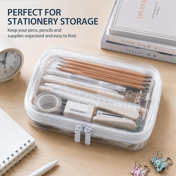 Clear Hard Shell Zipper Case, PET Organizer Box, 2L+1M+1S | Transparent Case for Cosmetics, Makeup, Toy, Home, Office, Stationery, Pencil, Fruit, Building Blocks, File