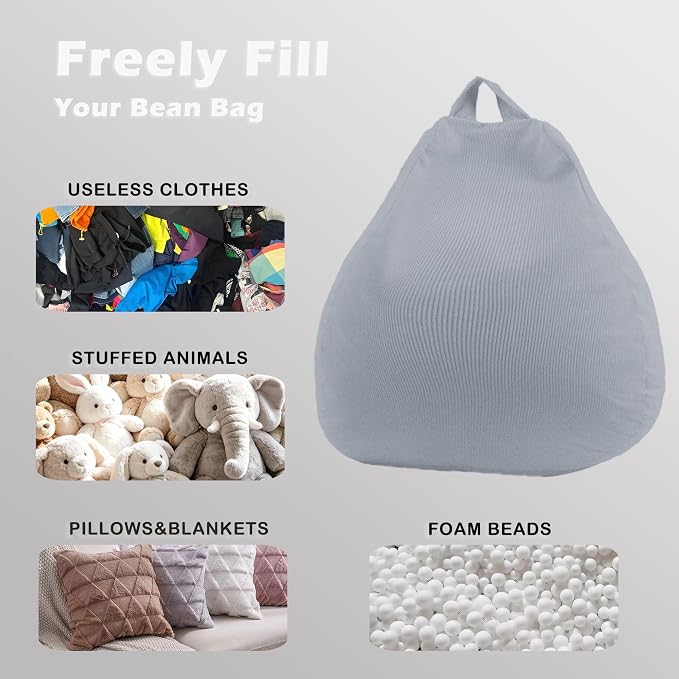 LPMOERA Stuffed Animal Storage Soft Bean Bag Cover No Filler Light Grey | Skin-Friendly,Portable,Wide Easy-Load Opening,Hidden Zipper,Decorative Organizer