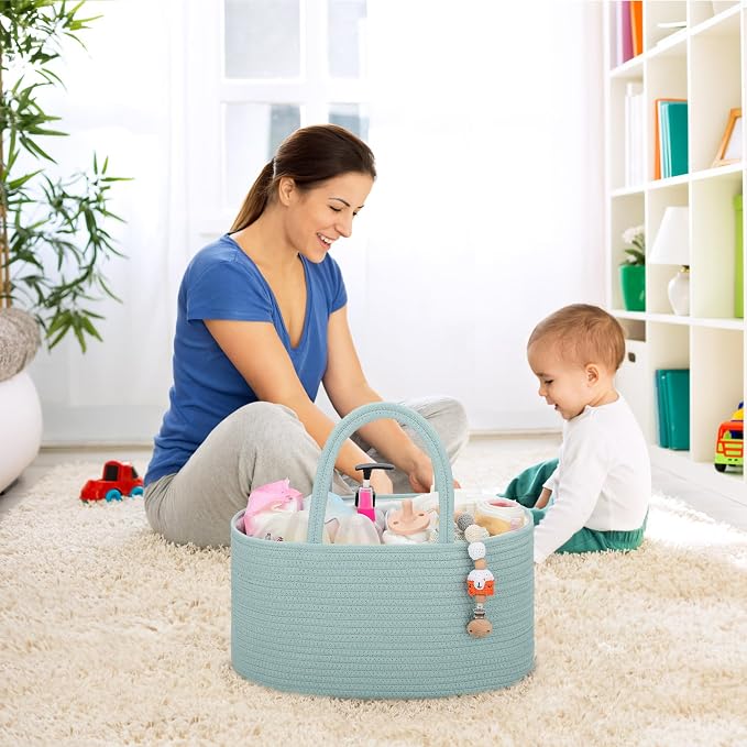 COMSE Large Cotton Rope Baby Diaper Caddy Organizer, Light Green