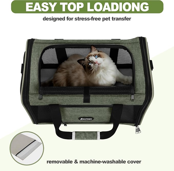 GAPZER Medium Cat Carrier Bag Lightweight, Soft-Sided Small Pet Carry Crate | 18 x 11 x 11 Light Weight Yorkie Kennel up to 15 lbs for Indoor House, Top Entry Bunny Canvas Bag Vet Visit Easy Clean Olive