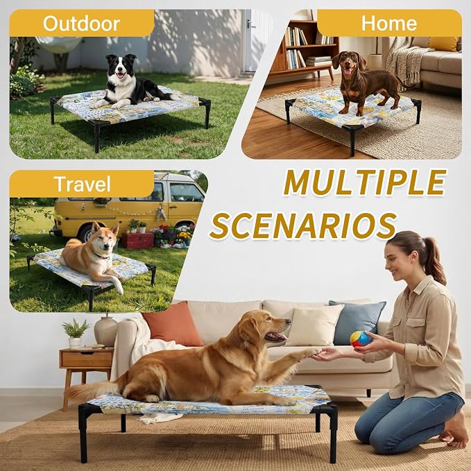Summer Village Elevated Dog Bed, Coastal Blue Flowers Cart Yellow Lemons Starfish Outdoor Raised Pet Bed for Dogs Cats, Portable Breathable Cooling Waterproof Pet Cot 28x22 Inch