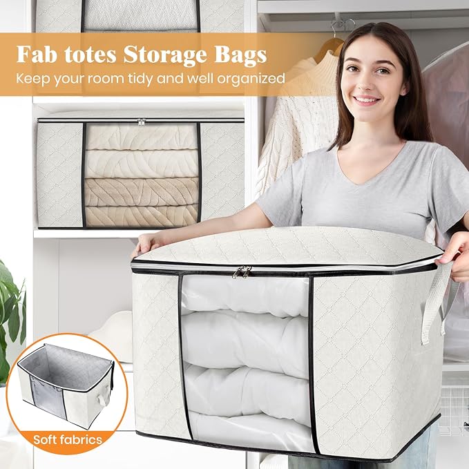 90L Clothes Storage, Foldable Thick Fabric Blanket Storage Bags | Foldable Containers with Zippers,Window and Handles for Organizing Bedroom, Closet, Comforter, Bedding,Dorm essentials