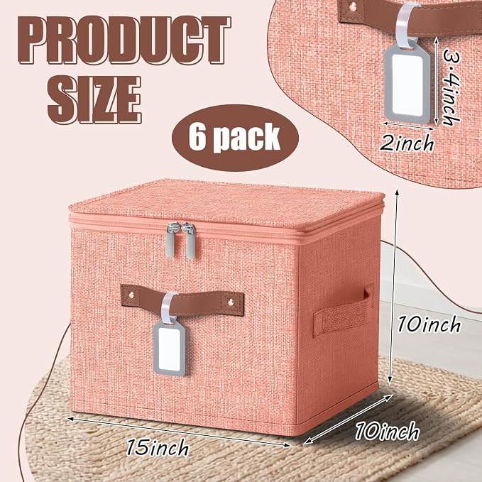 6 Pack Fabric Bins with Lids, 10 x 8 x 7 Inch Colorful Fabric Storage Bins with Zipper Lids and Labels, Decorative Foldable Storage Cubes with Handles for Closet Nursery Organization, Colored