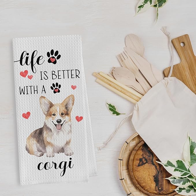 Corgi Gifts Dish Towels Set - Corgi Gifts Decorative Waffle Weave Kitchen Towels, Dog Lover Gift Hand Towel, Dog Mom Tea Towel (16×24 Inches Set of 2)