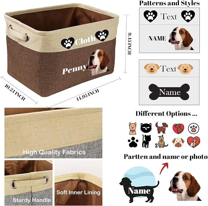 Personalized Dog Toy Storage Basket with Pet Name - Custom Collapsible Puppy Bin, Durable Fabric Toy Box for Dogs & Cats, Sturdy Handles for Home Organization