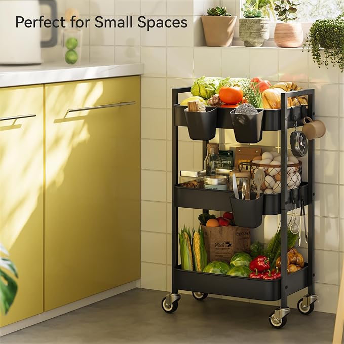 Nunsino 3 Tier Rolling Cart,Utility Cart with Locking Wheels, Hanging Cups & Hooks, Heavy Duty Metal Storage Organizer Cart for Kitchen,Office, Bathroom,Craft Room,Black