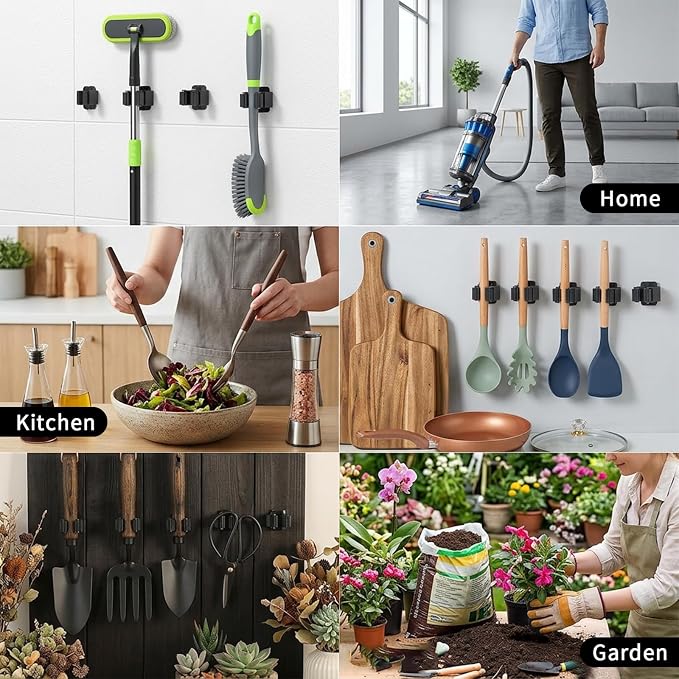 24 PCS Heavy Duty Broom Holder Wall Mount, Stainless Steel Broom Hanger Wall Mount with Screws - Black Mop & Garden Tool Organizer Rack for Garage, Kitchen, Laundry Room Storage