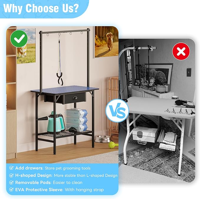 32-Inch Dog Grooming Table with Drawer & Mesh Tray,Adjustable Pet Grooming Table with Non-Slip Removable Washable Mat & EVA Protective Lanyard, Professional Grooming Table for Small Dog at Home（Blue）