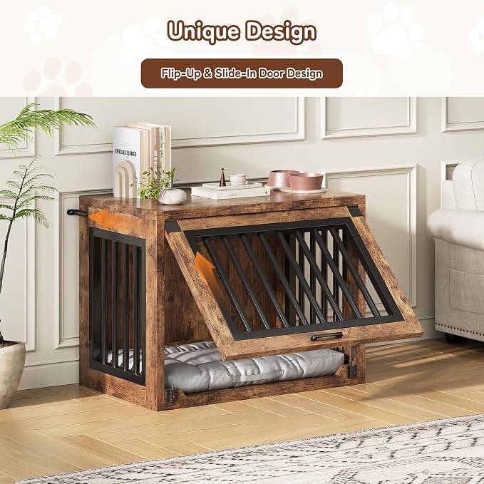 30" Small Dog Crate Furniture, Wooden Dog Kennel for Dogs up to 30 lbs, Heavy Duty Indoor Dog Cage with Hidden Sliding Door, Secure Safety Lock and Quiet Pads, Rustic Brown