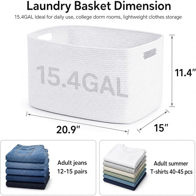 Cotton Rope Laundry Basket Medium, 15.4GAL Collapsible Woven Storage Baskets for Living Room Kids Toys Stuffed Animal,Boho Rectangular Decorative Short Hamper for Dirty Clothes, Blankets Pure White