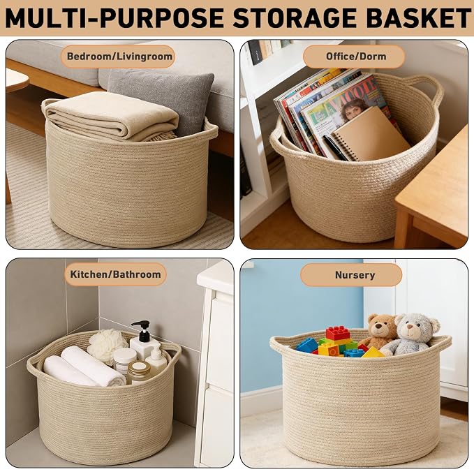 90L Extra Large Blanket Basket,Woven Rope Laundry Basket-Camel | Collapsible, reinforced handles, nursery storage bin organizes clothes, toys and pillows for living room, bedroom bathroom