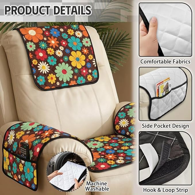 Colorful Daisy Recliner Chair Slipcover Waterproof 4 Piece | Retro Recliner Chair Covers Quilted Non Slip Washable Furniture Protector for Armchairs Wingback Lazy Boy Reclining Chairs