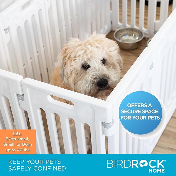 BIRDROCK HOME Pet Playpen with Door | 12 Panel | Fits: Toy or Small Dogs up to 40lbs. | Strong Plastic | Puppy Safety Fence Pen Playpen | Non-Slip & Secure Dog Gate | White