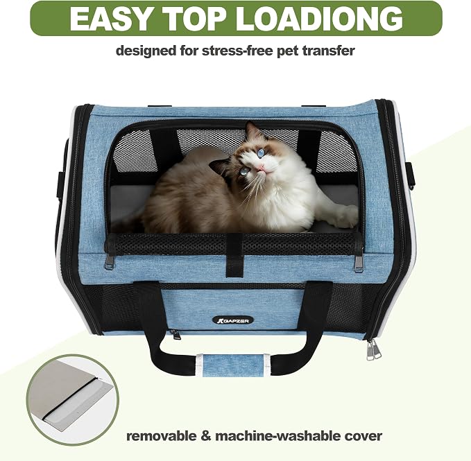 GAPZER Cat Carrier 18 x 11 x 11 Top Loading Soft Pet Travel Bag Over 15lbs | Portable Small Dog Puppy Car Travel Crate 10 lbs, Chihuahua Kennel Carry Case, Kitty Cloth Cage Medium Cat Under 25 lbs Blue