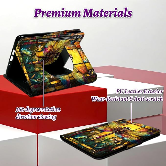 Rotating Handle Case for Samsung Galaxy Tab S6 Lite 10.4" 2024/2022/2020, 360 Degree Swivel Kickstand with Magnetic Closure Shockproof Leather Cover for Women Men, Retro Dragonfly
