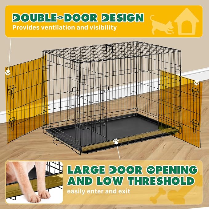 Large Dog Crate 42 Inch, Metal Wire Foldable Dog Cage Kennel | Double Door, Secure Lock, Plastic Leak-Proof Pan Tray, Indoor Outdoor Training Pet