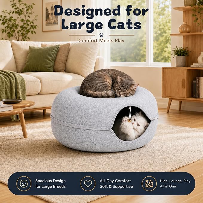 Felt Cat Tunnel for Large Indoor Cats, 24" x 24" x 12" Peekaboo Cave Bed | Light Grey 24" x 24" x 12" sturdy 1300g felt cave with 7" entrance, rear peek hole, large zipper and hanging ball.