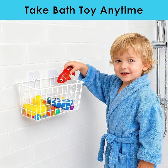 Hanging Bath Toy Storage Basket - 2 Pack Metal Bath Toy Holder with Hooks - Bathtub Toy Storage Organizer for Bath Shower Bathroom(White)