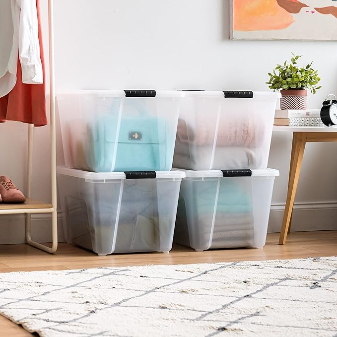 IRIS USA 4-Pack 54 Quart Storage Bins with Lids, Clear | Transparent design makes contents easy to find. Perfect for moving, blankets, clothing, and garage storage. Nestable design