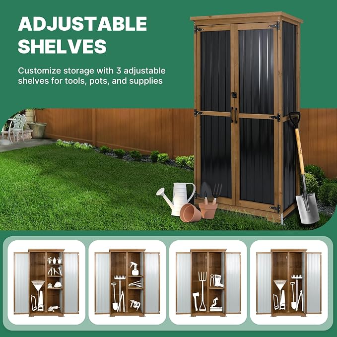 Ketive Outdoor Storage Cabinet, Tall Tool Garden Cabinet with Weather-Resistant Roof, Double Lockable Doors, 3 Removable Shelves & Adjustable Feet, for Patio, Garden, Backyard, 32" x 15.5" x 66"