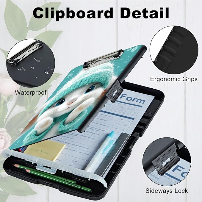 A4 Clipboard with Storage Pen Holder, Clipboards Organizer Nursing Clipboard Foldable File Folder Plastic Clipboard Folio Clip Board for Office Work Classroom Doctor, Green Clothes Rabbit