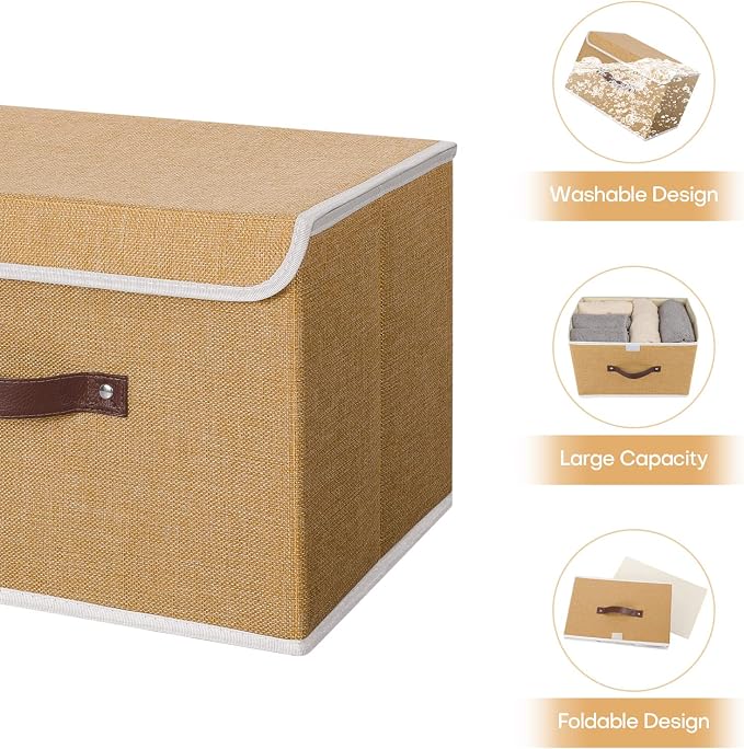 ANMINY Fabric Storage Box Bins with Lids, Khaki, 13"x9"x7.9" | Keepsake Memory Storage, Cotton Linen, PP Board Reinforced, Washable, PU Handles, Foldable & Stackable, Decorative, Medium