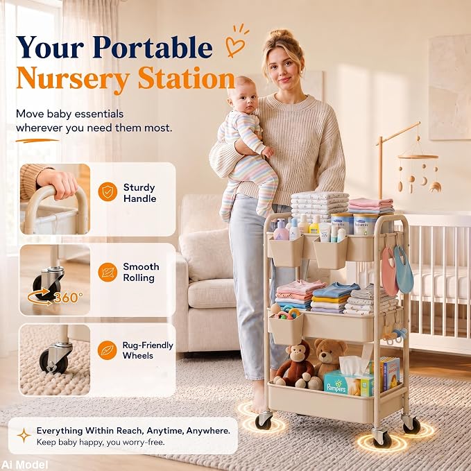 3 Tier Beige Rolling Storage Cart Metal on Wheels, Cream Three Tiered Diaper Caddy with Wheels,Utility Organizer Trolley for Nursery,Postpartum,Art,Craft,Khaki Roller Bedside Carts for Baby Essentials