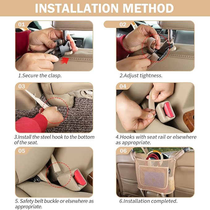 eing Car Organizers and Storage Mesh Bag, Purse Holder, Car Net Pocket Handbag, Automotive Consoles & Organizers, Back Seat Pets Kids Barrier, Car Handbag Holder for Women, Beige