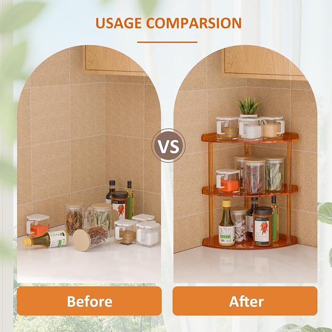 Sezanrpt 3 Tier Acrylic Corner Shelf Organizer Storage 9.5x9.5x15.7 Inch, Orange Countertop Corner Shelf for Bathroom, Kitchen, Bedroom, Office, Study Room