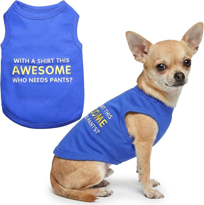 Parisian Pet Dog T-Shirt - Embroidered “ Awesome “ Shirt - Pure Cotton and Lightweight Dog Clothes - Blue Sleeveless Pet Tee Shirts - Cute Puppy Clothes - Shirts for Small Dogs Boy - S