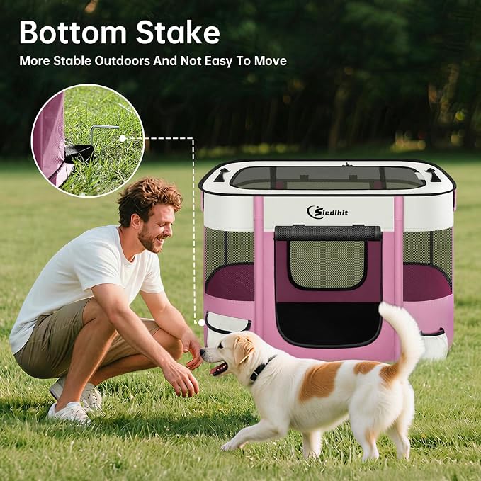 Siedihit 31" Dog Playpen,Cat Puppy Pen, Pet Portable Crate Indoor Outdoor | Durable Travel Camping Use,Foldable Dog Kennel Tent Cage for Rabbit Small Animals with Carrying Case (Pink, Medium)