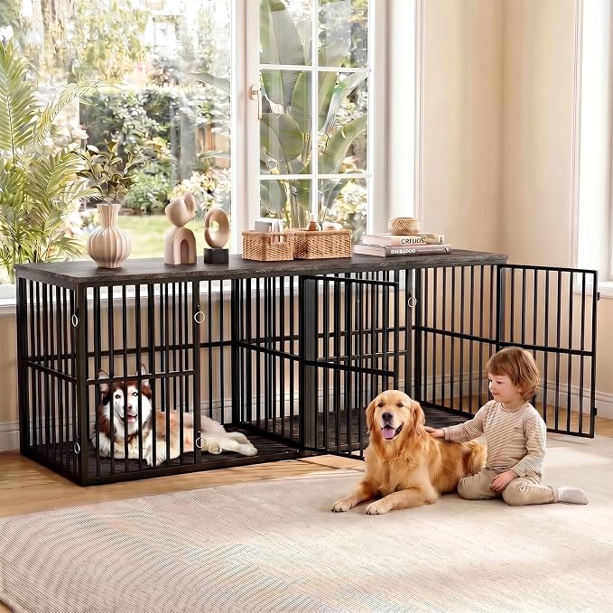 VOWNER 86.7" Double Dog Crate Furniture for 2 Large Dogs, Grey/Black | Heavy Duty Wooden Dog Kennel with Removable Divider, XXL Dog Cage TV Stand End Table with 4 Doors, Double Locks for Each Door