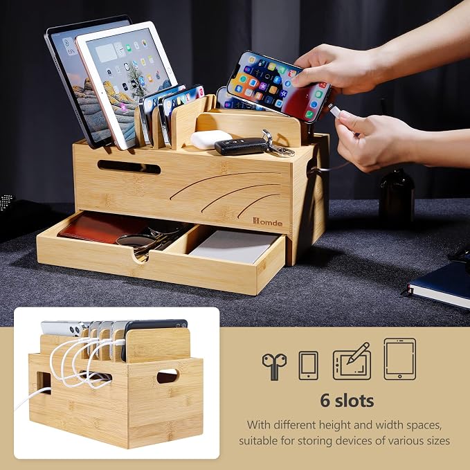 Homde Bamboo Charging Station Organizer: Charger Rack for Multiple Devices | Cable Cord Management Box with 6 Compartments and Drawer - Electronic Docking Stand for Chargers Phones Tablets (Natural)