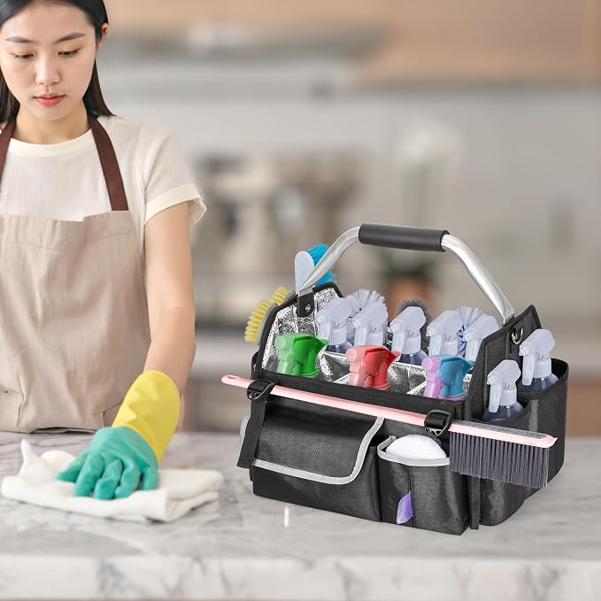 HODRANT Wearable Cleaning Caddy Organizer with Divider & Support Pad | Cleaning Supplies Bag with Handle & Detachable Shoulder Strap, Housekeeping Storage Box with Multi Pockets, Bag Only