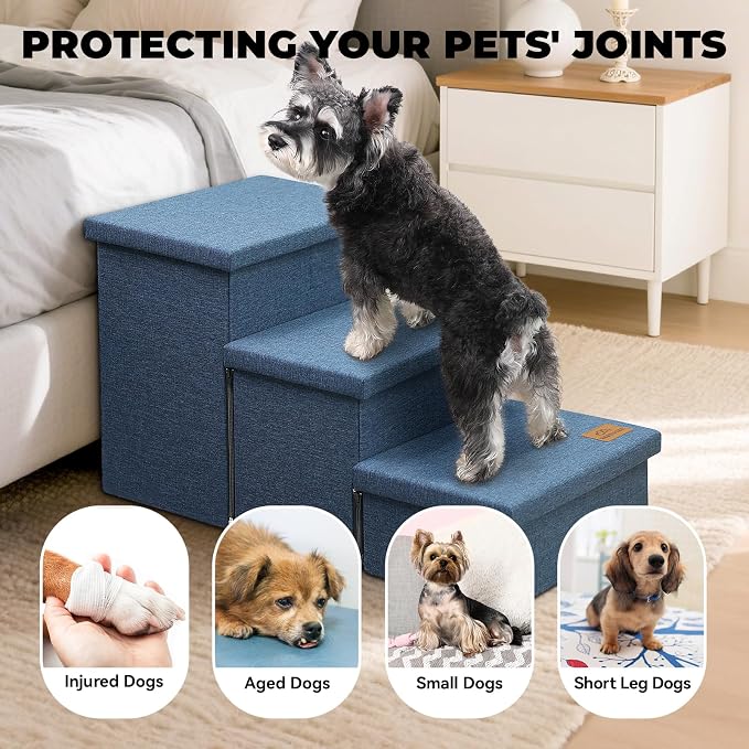 Zerbuger Dog Stairs with Storage, Navy Blue 3 Steps Dog Ramp no Condo | 18" H Wider Dog Steps for High Beds Couch, Folding Storage Pet Stairs Gift for Climbing Small/Medium/Large Old Dogs Cats