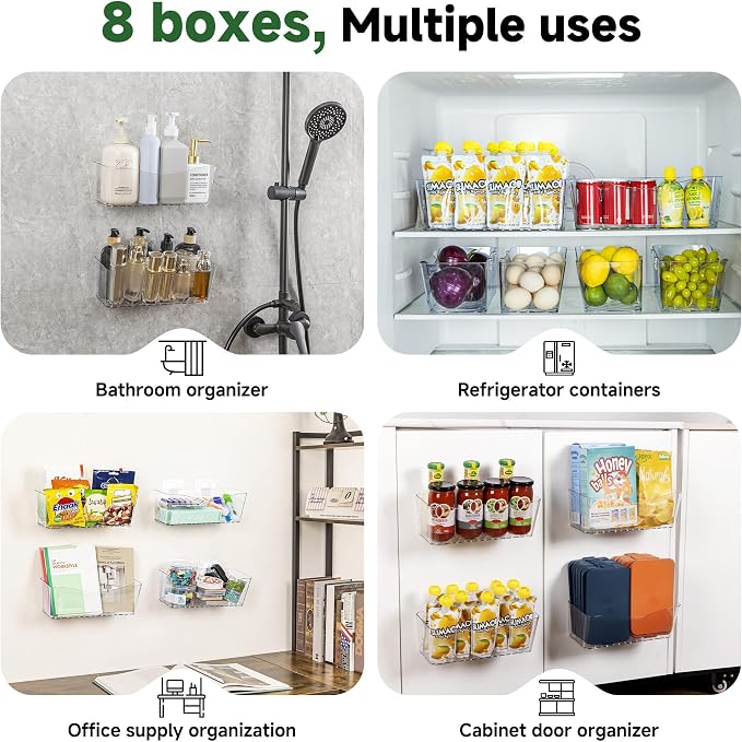 8-Pack Adhesive Pantry Organizers and Storage, Large Cabinet Door Organizer | 11.4" Long, Space Saving, Drain Bottom, Clear Plastic Storage Bins for Kitchen, Bathroom, Refrigerator, Countertop,Under Sink