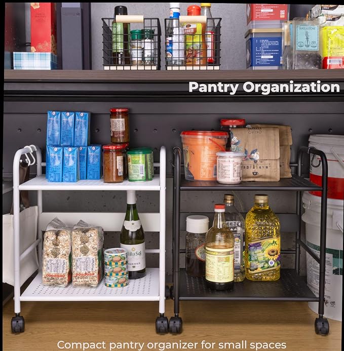 2-Tier Metal Rolling Cart, Compact Under Desk Storage Organizer | 12.2" clearance fits binders and tall bottles, compact mobile shelf with anti-drop guard for home or office. Black.